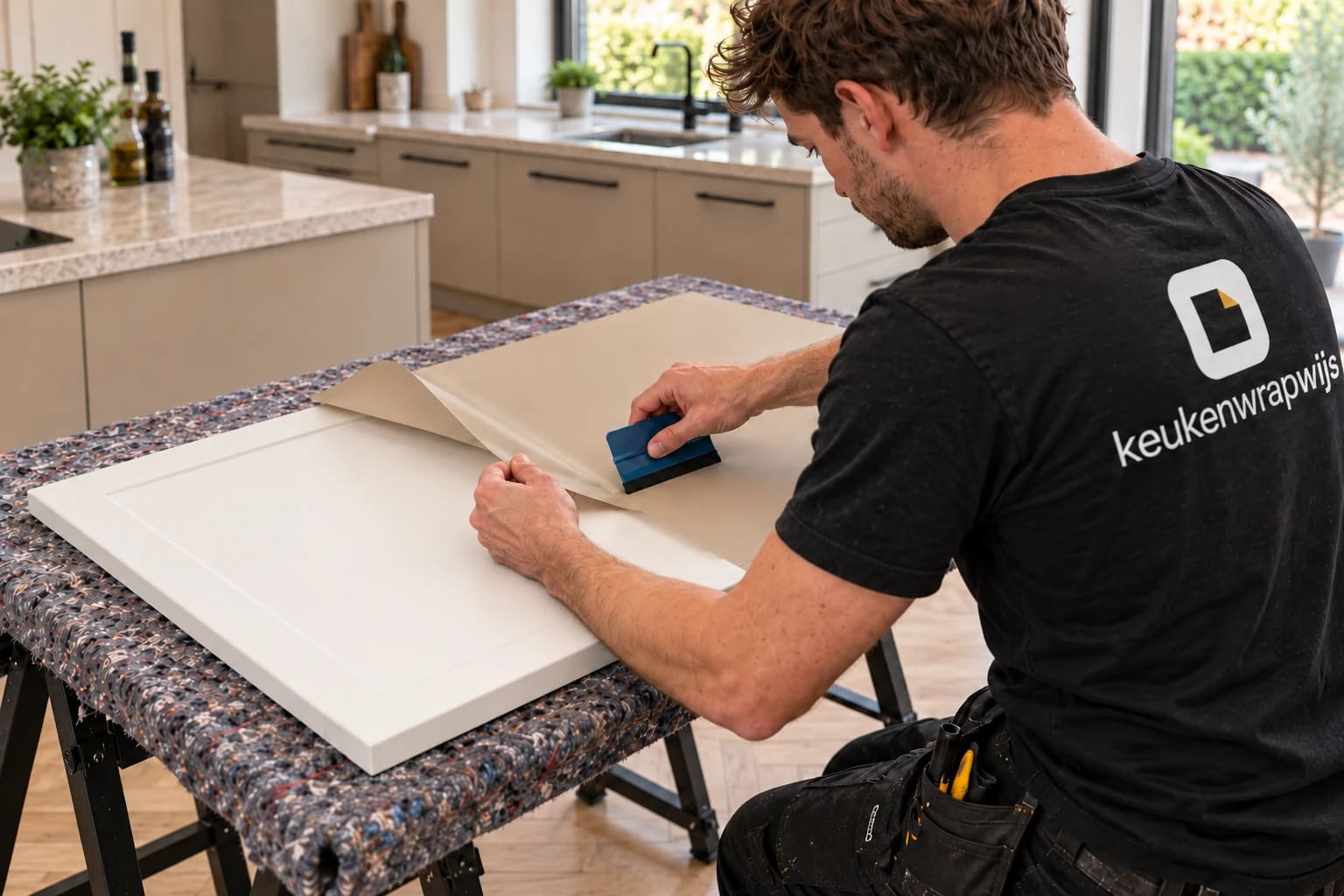 Keuken wrappen: vakman van Keukenwrapwijs brengt beige wrapfolie aan op een keukendeurtje